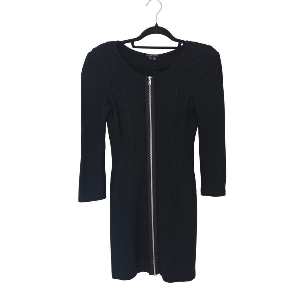 Theory Zip Front Dress Women 4 Black Long Sleeve Bodycon‎ Mini Viscose Stretch